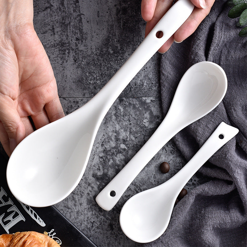 Pure white ceramic tableware spoon crooked fork spoon Chinese rice spoon thickened western restaurant hotel soup spoon wholesale