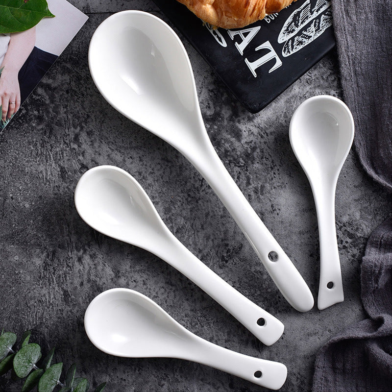Pure white ceramic tableware spoon crooked fork spoon Chinese rice spoon thickened western restaurant hotel soup spoon wholesale