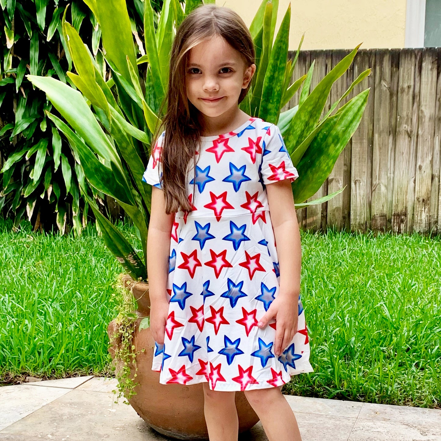 Girls 4th of July Patriotic Stars Red White & Blue Short Sleeve Swing