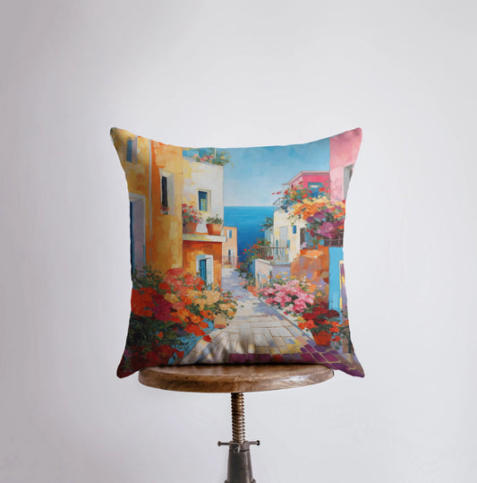 Colorful Floral Street | Painting | Coastline | Greece | Italy | Throw