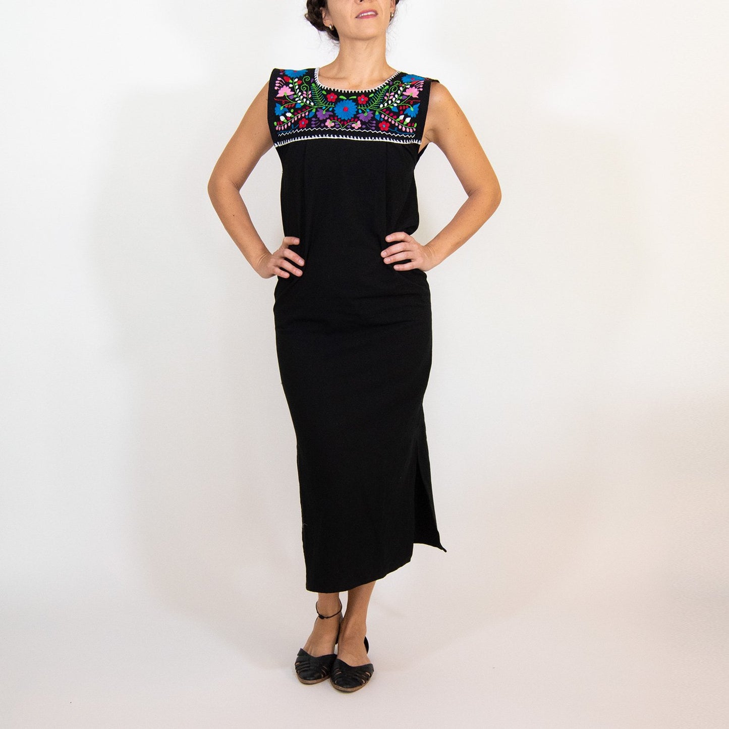 Maxi Isidra, Black Dress Hand embroidered with Colorful Flowers.