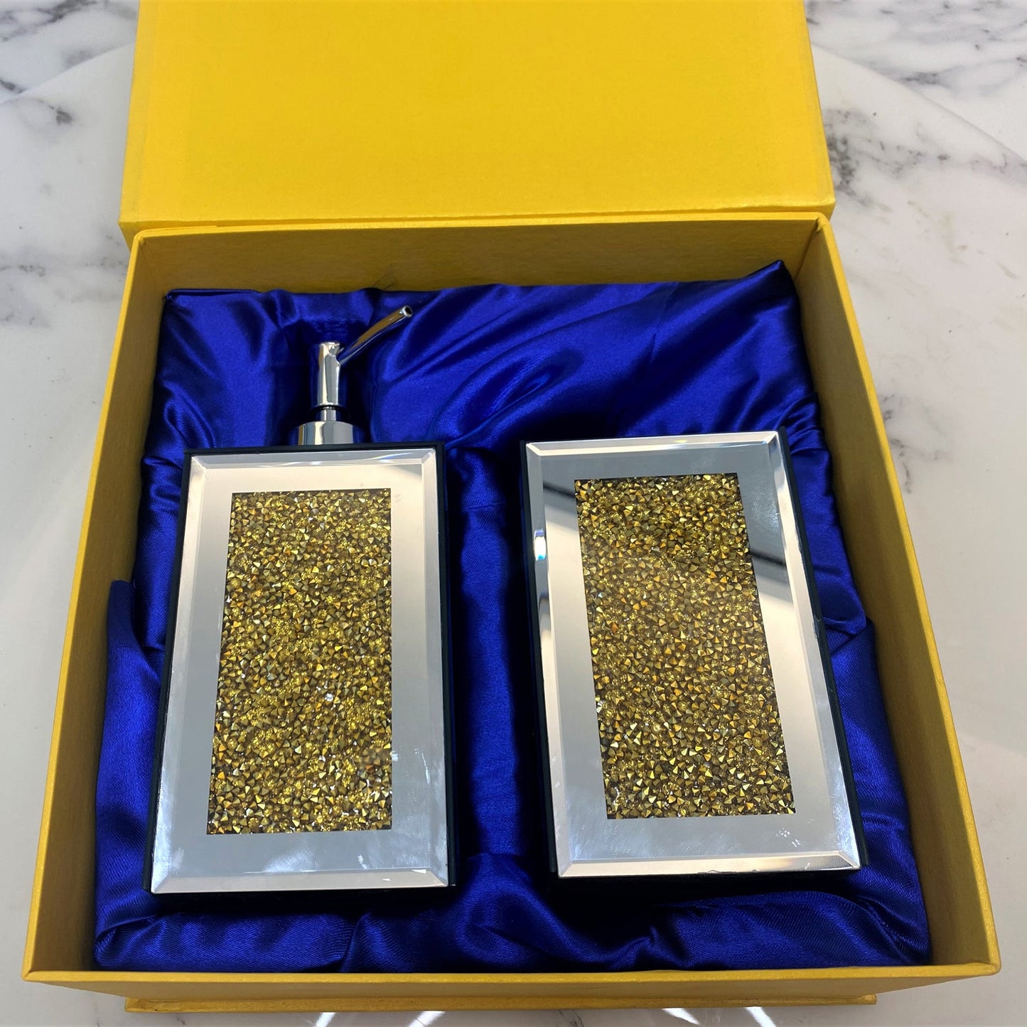 Square Soap Dispenser and Toothbrush Holder in Gift Box, Gold Crushed