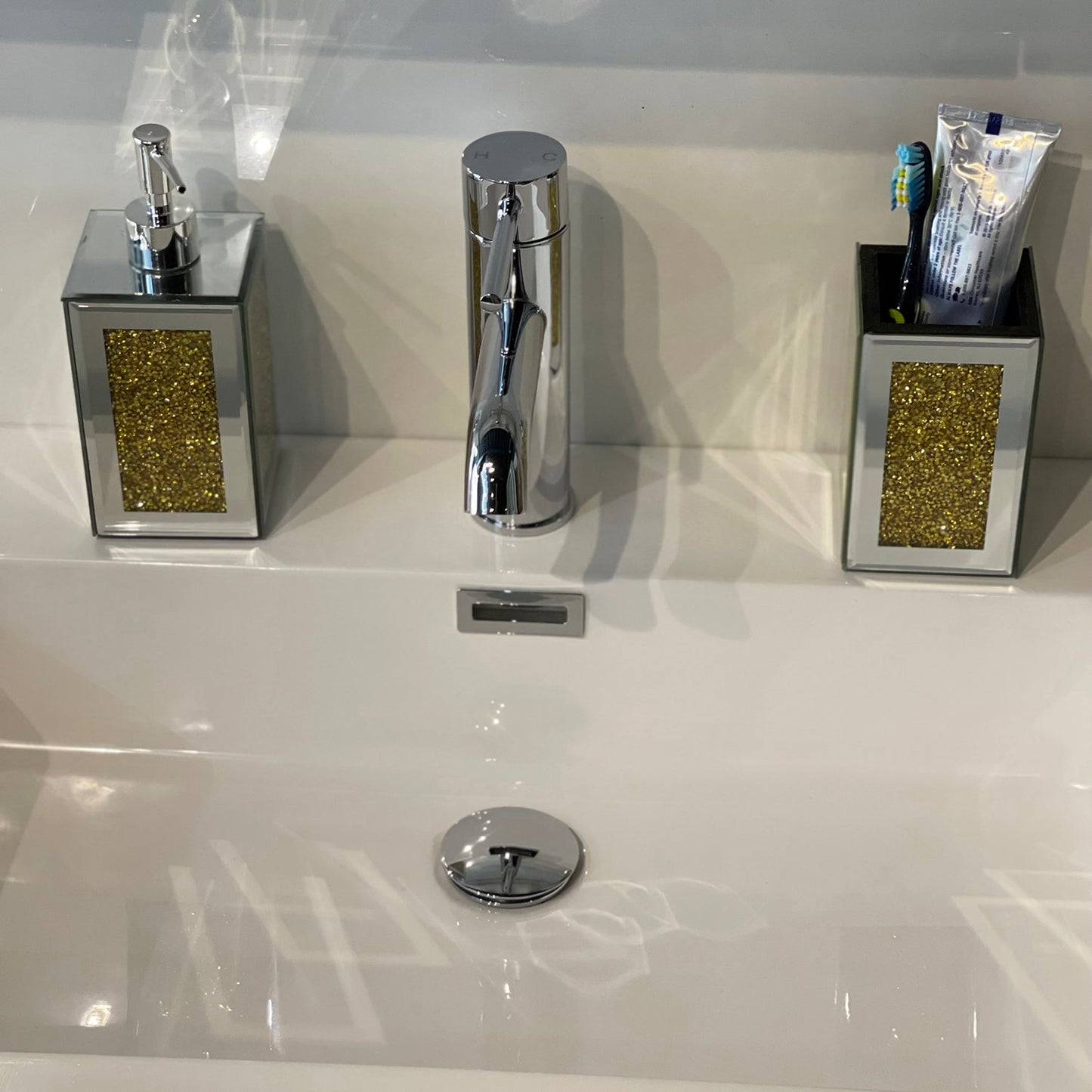 Square Soap Dispenser and Toothbrush Holder in Gift Box, Gold Crushed