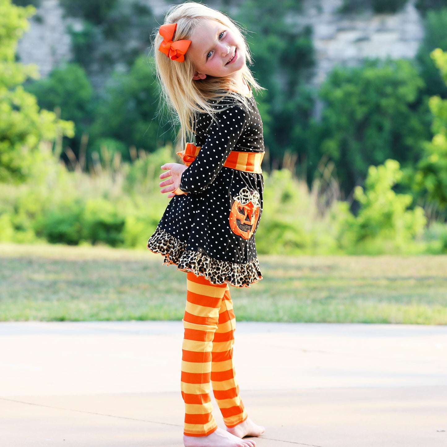 AnnLoren Girls' Halloween Orange Pumpkin Polka Dot Dress & Leggings