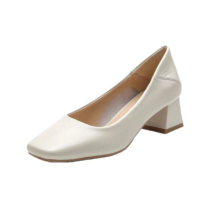 Giant soft! Soft leather French medium heel, shallow square toe, thick heel nude shoes, cheongsam single shoes, work leather shoes, commuter women's shoes