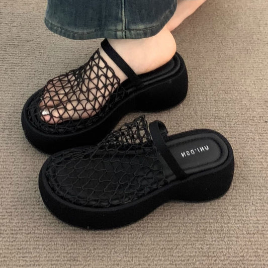 Muffin platform high heels hollow black toe sandals women's shoes Summer gentle fairy small man heightened half slippers