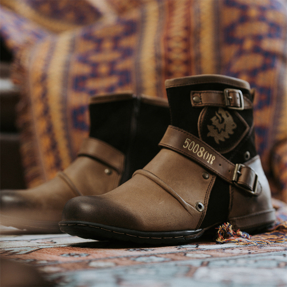 HPIOPL Cross Border 5008 Cross Border Round Toe Vintage Metal Buckle Side Zipper Men's Boots Martin Boots Men