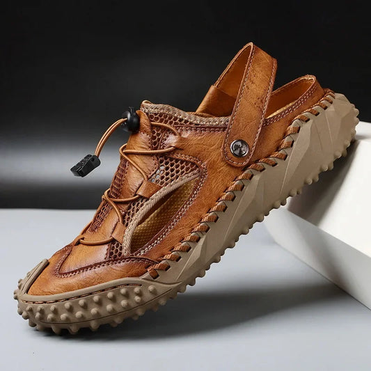 Cross border plus size men's mesh casual sandals fashion trend leather beach shoes cowhide breathable toe toe semi-slippers