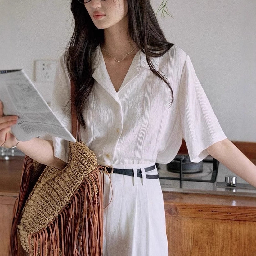 Jicouture "Nanyang Holiday" loose short sleeve Cuban collar shirt women's summer French vintage casual top