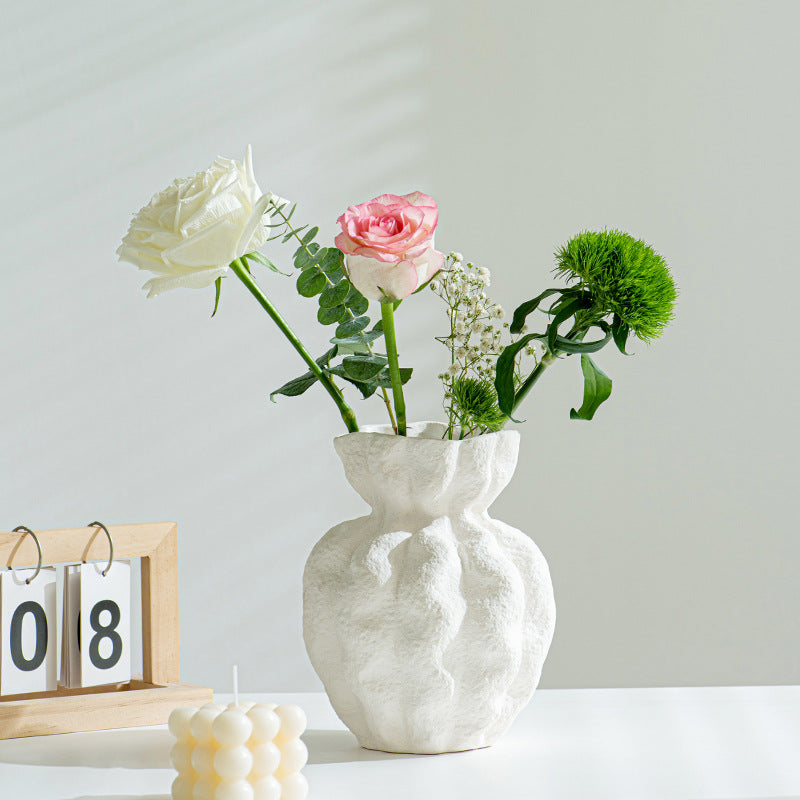 French white ceramic vase high-end wabi-sabi style living room table ornament ins air dried flower vase decoration