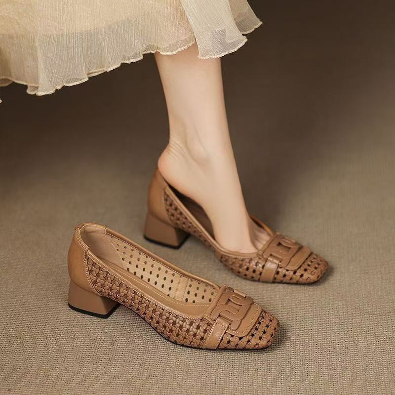 French pumps women's spring/summer 2025 new square-toe hollow breathable flat versatile Mary Jane shoes