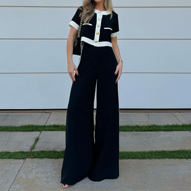 Spot 2024 Autumn Winter New Cross Border Women's Fashion Commuter Short Sleeve Cropped Top Straight Leg Pants Set of 2