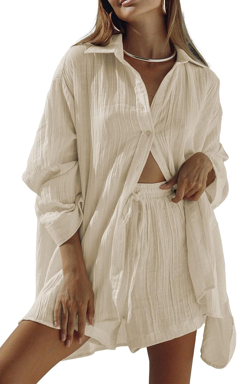 European and American women's casual two-piece set for summer 2023 new long-sleeved shirt, top and shorts tracksuit set