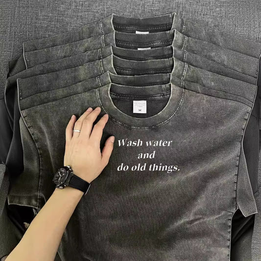 300g Heavy Retro Male and Female Couple T Summer New 2024 Wash Aged Short Sleeve T-Shirt Light Plate Washed Black
