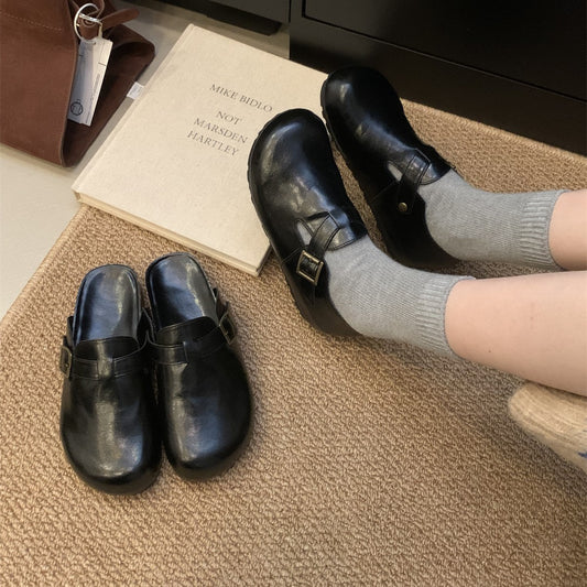 Thick-soled BirkenstocksWomen's ShoesWrap-toe-Semi-SlippersWear Fall/Winter 2024 Black Small Leather ShoesBoken Shoes
