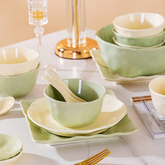 Ceramic Dish Set Household Gifts Wholesale Jingdezhen Cream Wind Bowl Plate Chopsticks Combo Tableware Full Set ins
