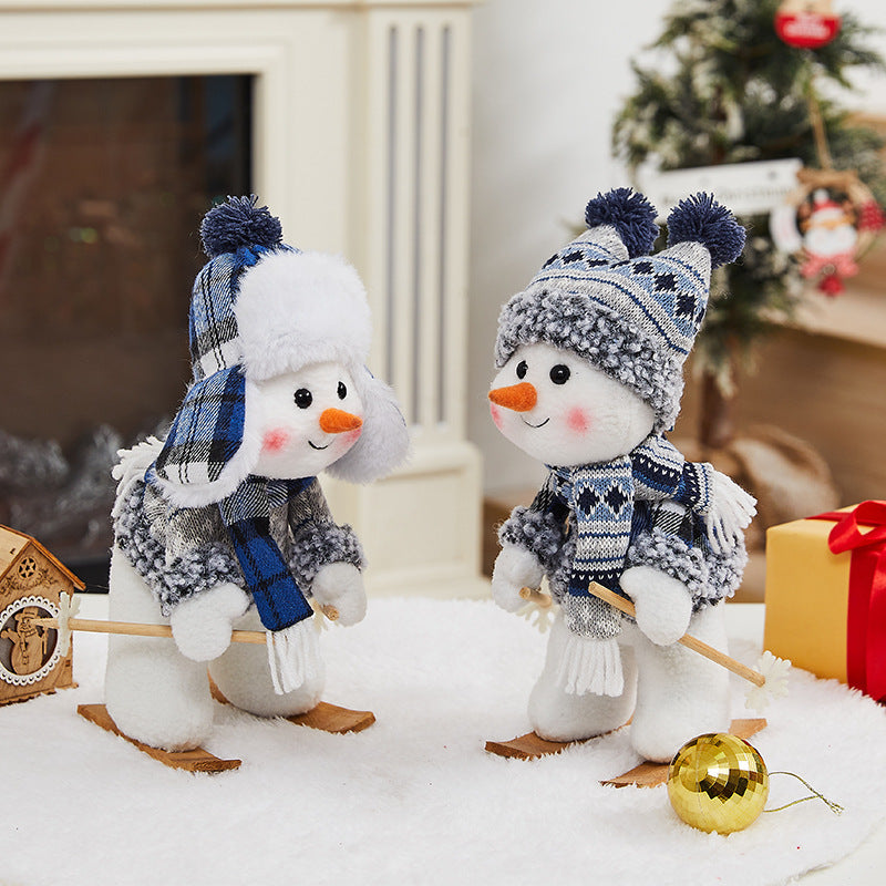 Cross-border Christmas decorations ski snowman doll tabletop doll blue plaid fabric Christmas iron foot snowman ornament