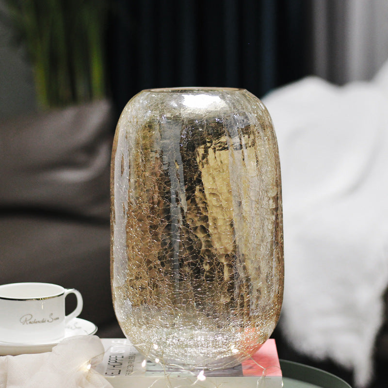 Creative large light luxury cracked ice flower glass vase glazed transparent flower utensils American home decoration flower arrangement