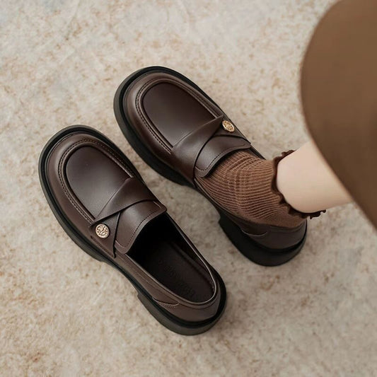 French gold coin loafers, women's British style 2024 spring and autumn new platform block heels, one foot slip small leather shoes