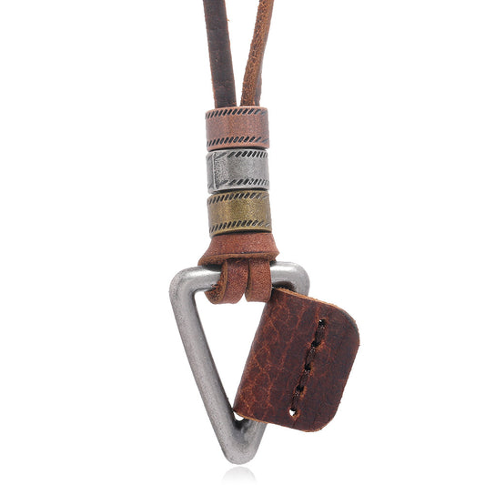 Brown simple European and American fashion men's cowhide necklace personality antique hip-hop pendant leather rope necklace men's jewelry