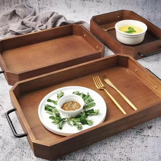 Vintage Rectangular Solid Wood Tray Iron Handle Home Afternoon Tea Snack Plate Coffee Plate Bread Fruit Display Plate
