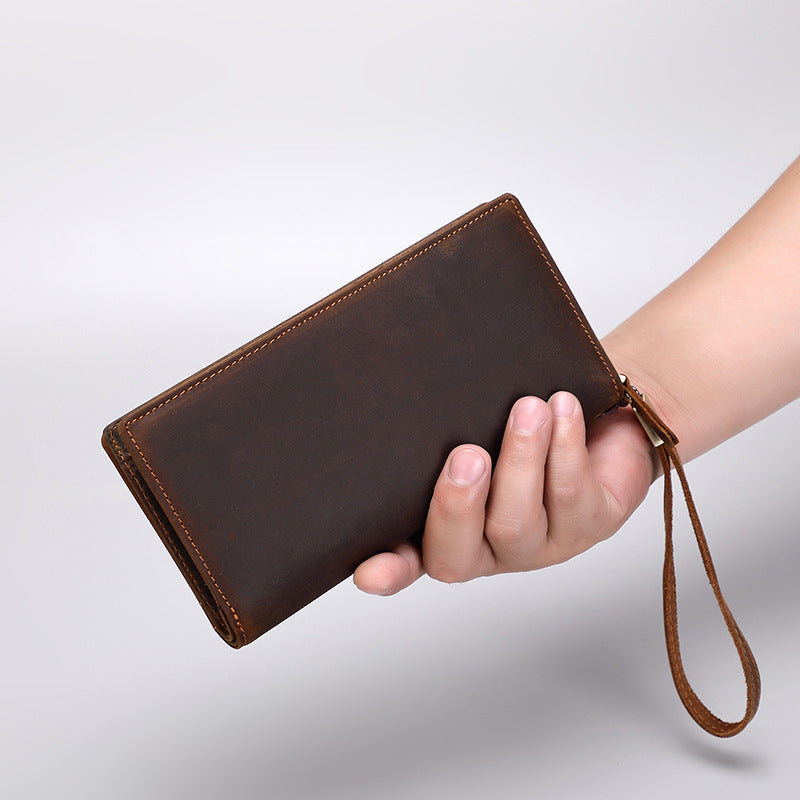 New men's clutch Crazy Horse leather long wallet tiktok zipper business clutch bag leather clutch men