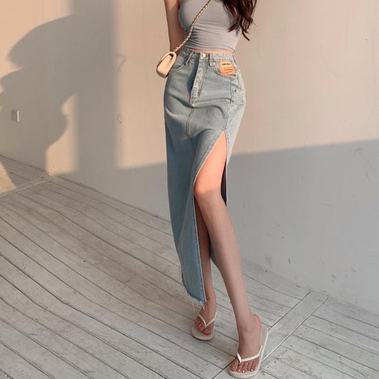 A-line skirt women's summer style 2024 slim slit midi skirt high-waisted denim hip skirt hot girl hair