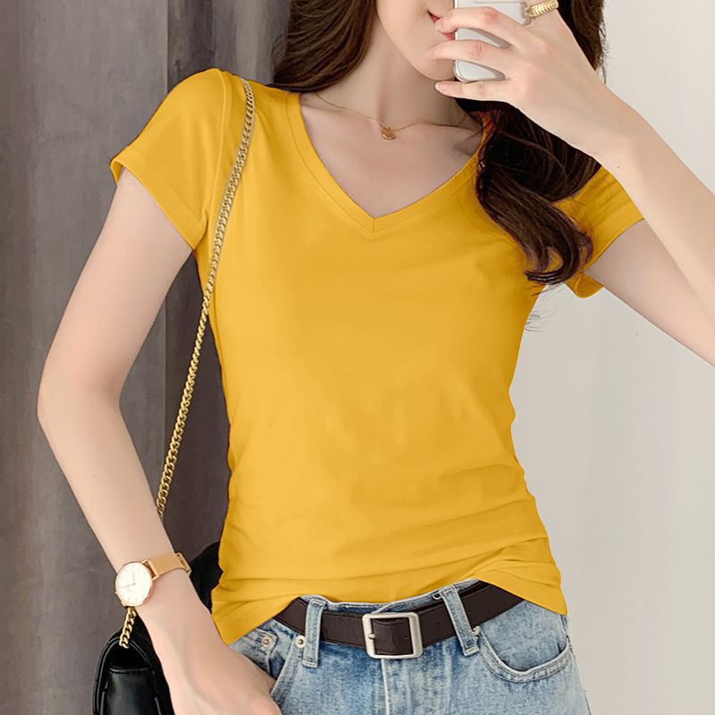 Wholesale Slim Short Sleeve T-Shirt Women's V-Neck Black Top Women's Chicken Heart Collar Summer 2024 New Design Sense Summer Dress