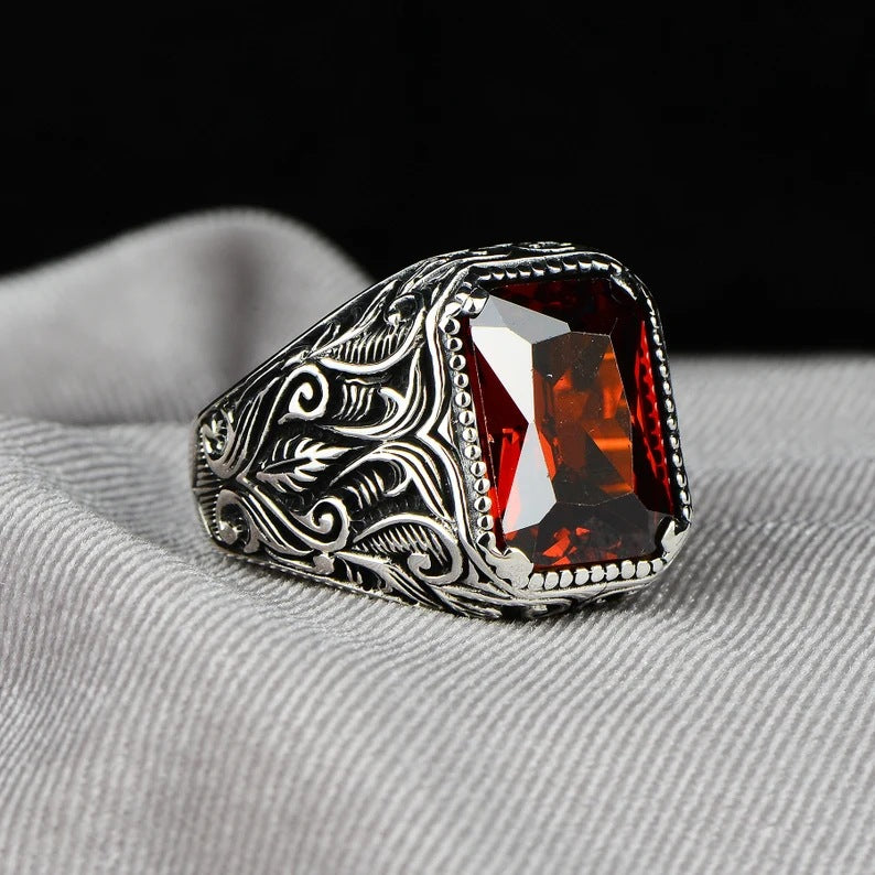 He is a silver new ring personality fashion European and American creative set square red zircon men's dating ring