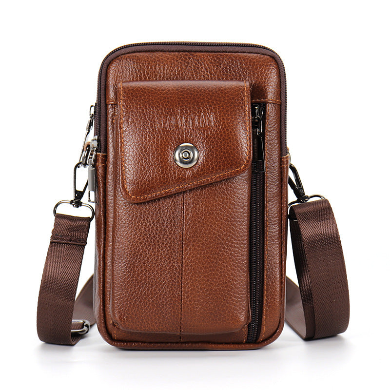 New top layer cowhide men's crossbody bag outdoor shoulder bag mobile phone bag casual mini leather wearing belt bag