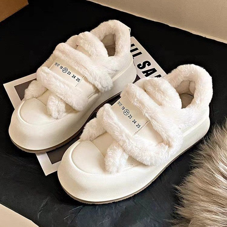 Thick-soled Velcro wool bread white shoes women's winter fleece warmth 2025 new popular board shoes cotton shoes