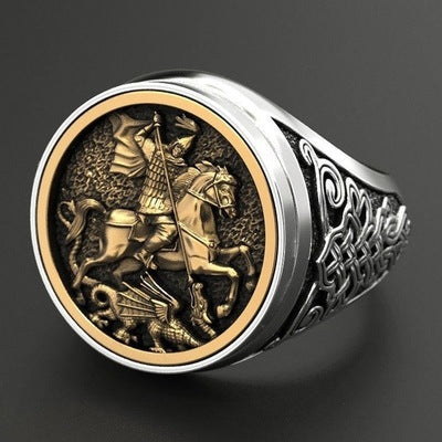 Huajie Unique Sovereign Men's Ring Portrait of St. George Plated 925 Two-Tone Roman Soldier Dragon Ring