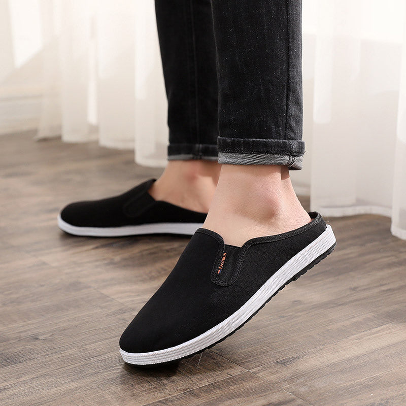 Old Beijing cloth slippers men's casual breathable and comfortable soft-soled canvas shoes, one-footed heelless toe toe half-support men's shoes