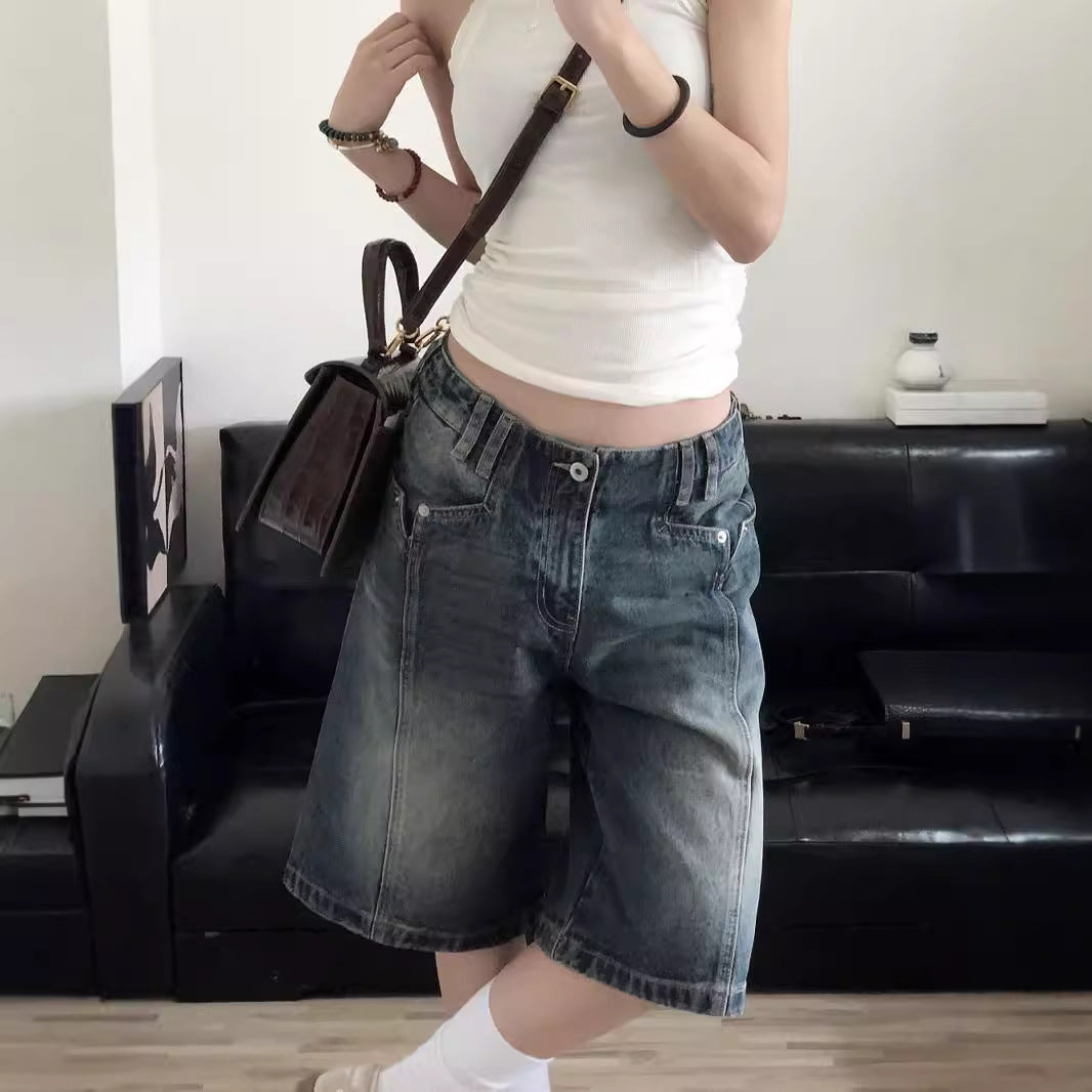 American vibe retro washed old denim shorts women's high street tide brand design sense loose straight five-point pants