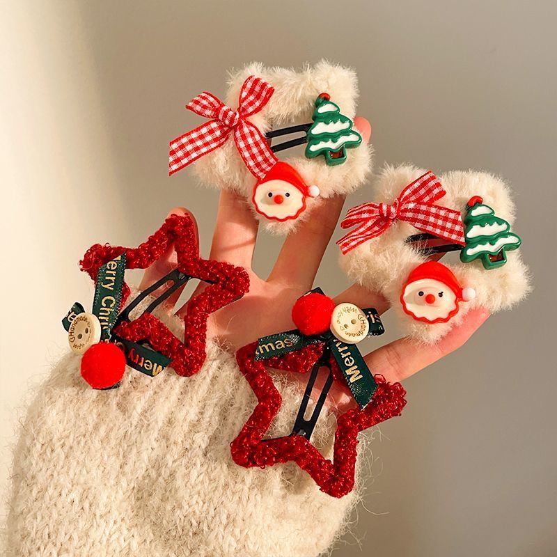 New Year's red plush star hairpin, bow bangs, BB clip, side broken hairpin, hairpin, Christmas tiara, hair accessory