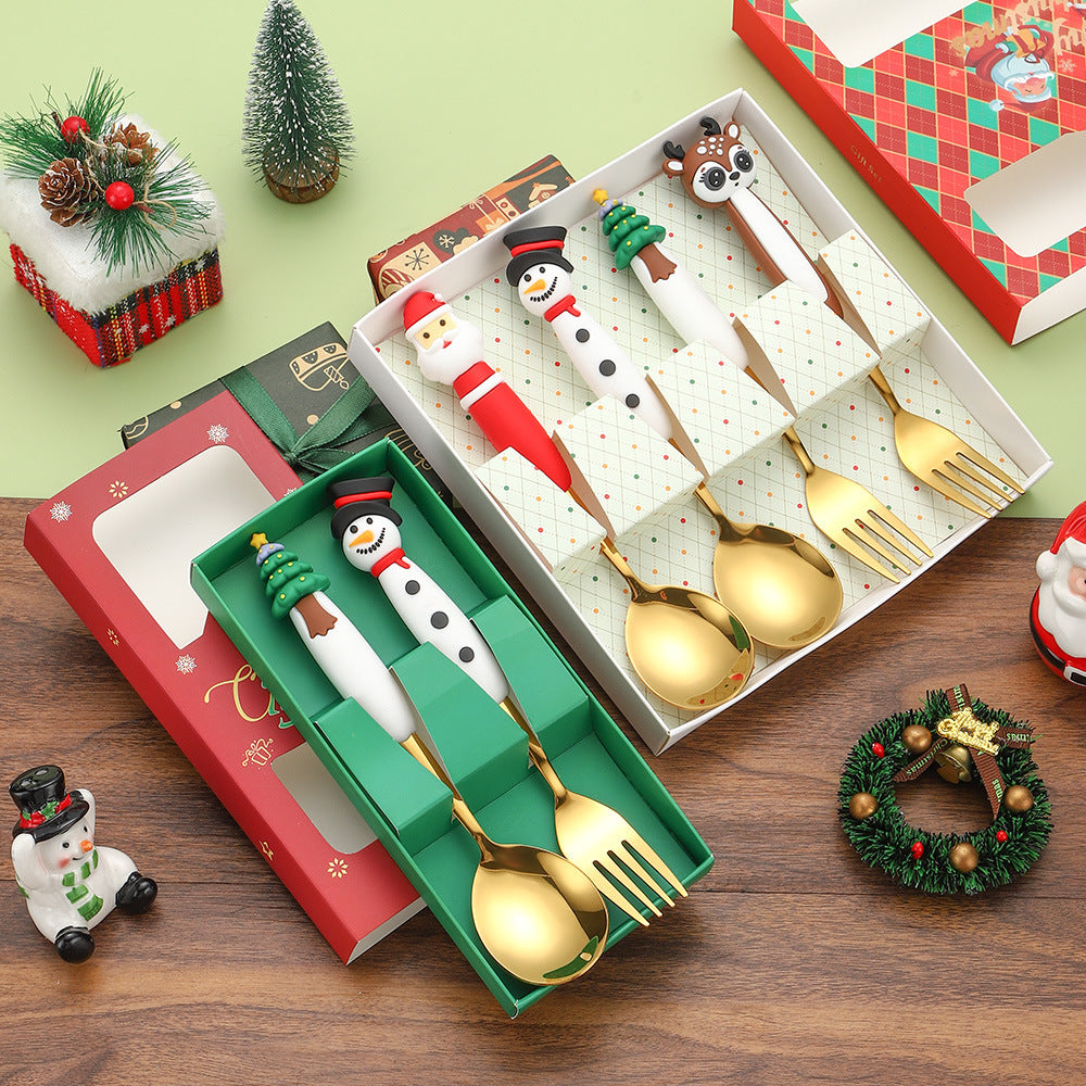 Amazon New Christmas Stainless Steel Spoon Fork Cartoon Doll Dessert Spoon Fork Christmas Tableware Gift Box Set