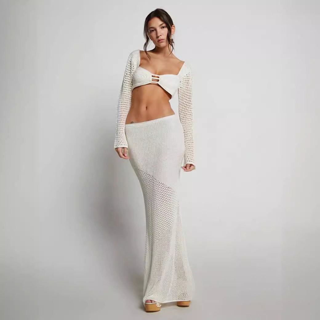 European and American cross-border summer 2024 women's new tethered long-sleeved hip casual knitted long skirt set