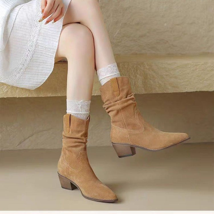 Boots women's mid-cut rider boots 2024 new martin shoes women's pointed toe block heel heeled boots look thin pile pile boots