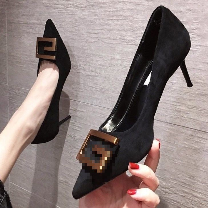 Spring 2023 New Girl Internet Celebrity Buckle French High Heels Women's Stiletto Pointed Toe Sexy Black Single Shoes Summer