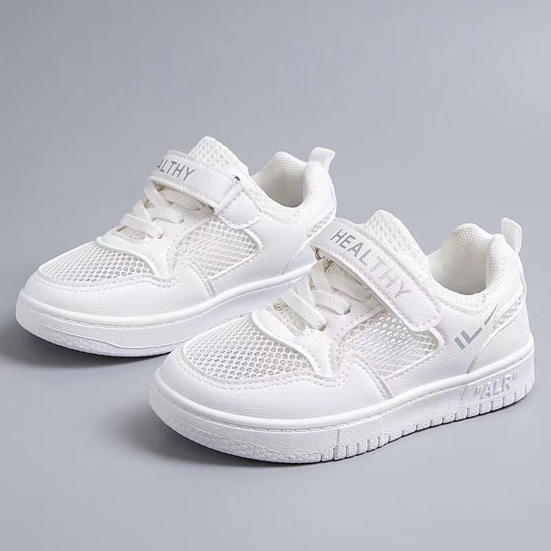 Children's white shoes, school boys and girls' white sneakers, spring and summer new breathable mesh elementary school board shoes