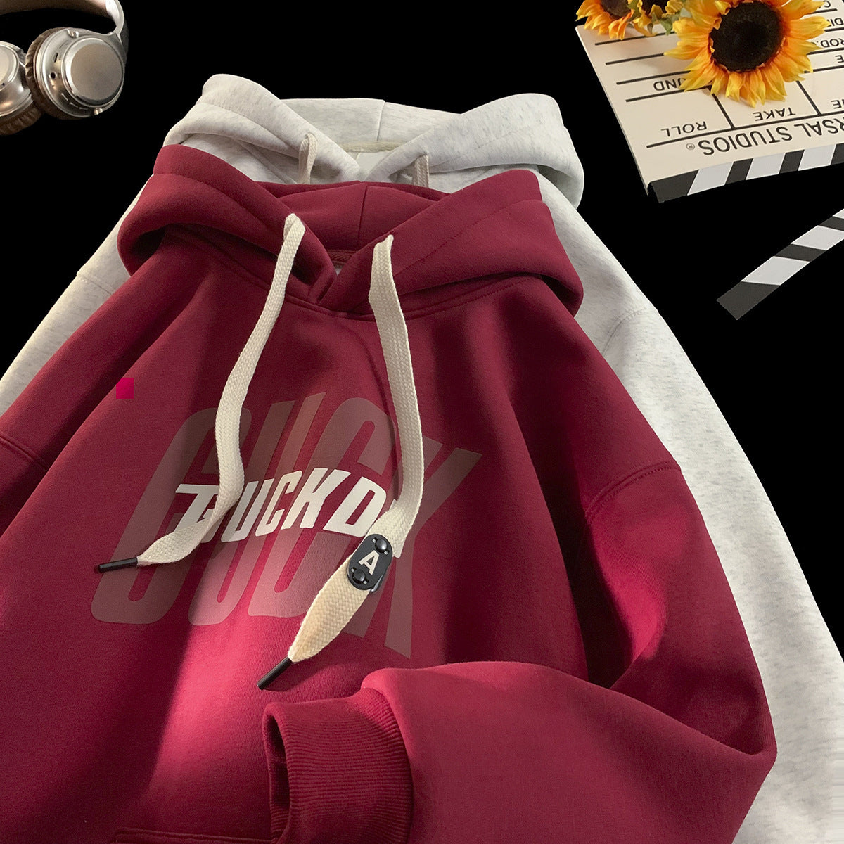Heavyweight stiff hooded sweatshirt men's spring and autumn American fashion brand youth autumn and winter burgundy fleece hoodie jacket