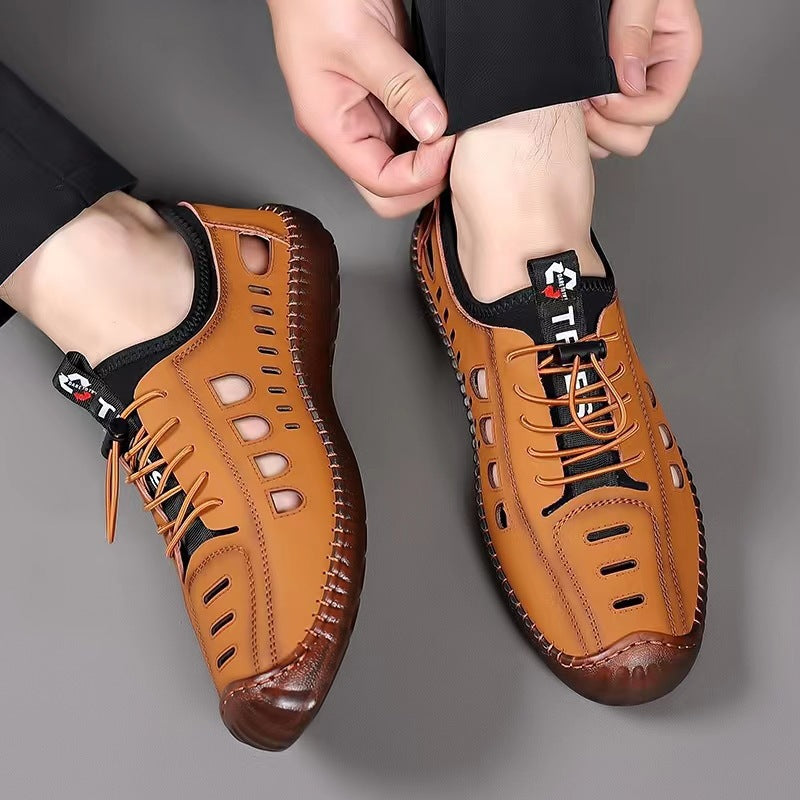 2025 New Sandals Men's Summer Casual Hollow Breathable Leather Shoes Non-slip Soft Sole Casual Versatile Comfortable and Versatile