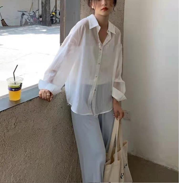 Yuejiaoer chiffon thin back slit shirt women's sunscreen shirt summer dress new versatile Han Fan fashion shirt tide