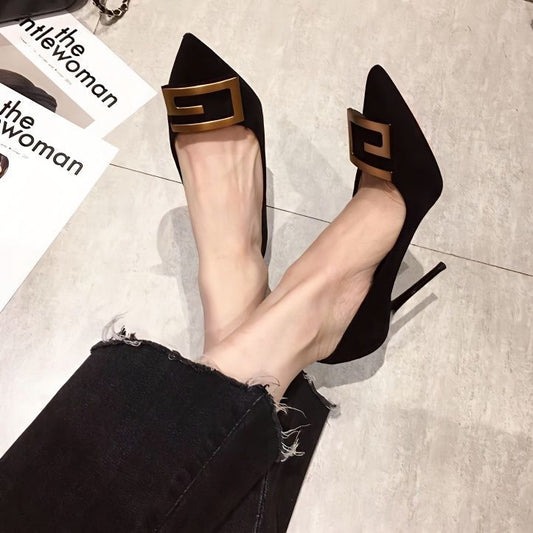 Spring 2023 New Girl Internet Celebrity Buckle French High Heels Women's Stiletto Pointed Toe Sexy Black Single Shoes Summer