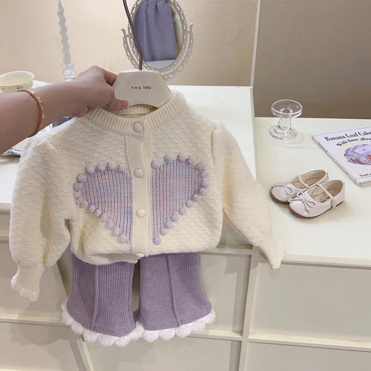 Girls' winter two-piece suit, new Korean fashion baby cardigan, knitted autumn and winter sweater, jacket and fleece trousers