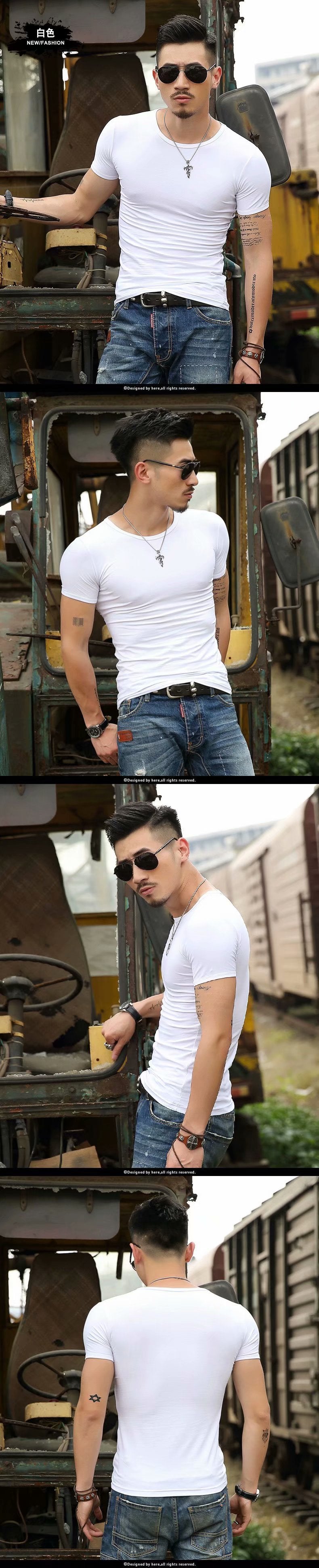 short sleeve men's t-shirt round neck korean slim fit men's half sleeve skinny stretch t-shirt white black base shirt summer