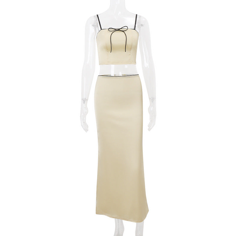 European and American foreign trade 2024 spring new sweet lace-up camisole small vest sexy lace long skirt suit women