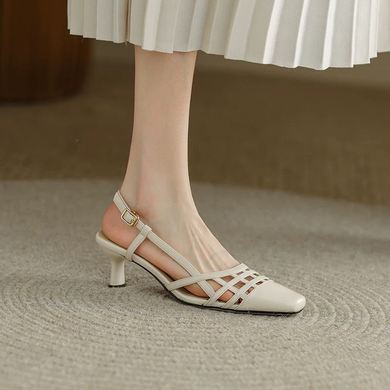 Giant thin ~ soft leather French baotou hollow sandals women's 2025 summer apricot color versatile woven hollow stiletto heels