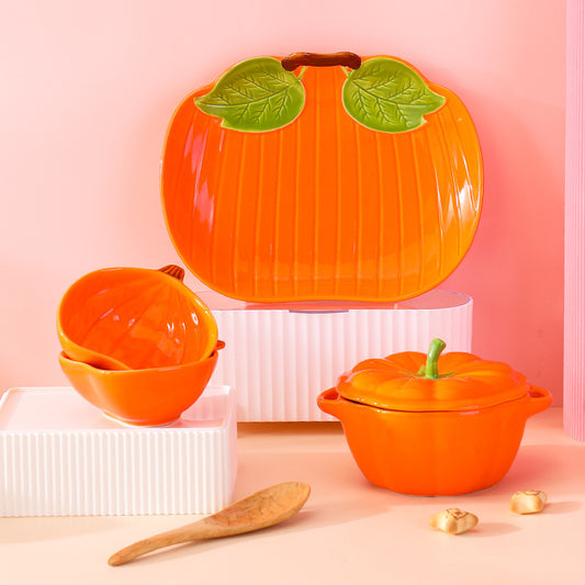 Cute ceramic pumpkin tableware creative household Internet celebrity high value with lid amphora dessert salad dishes plate combination