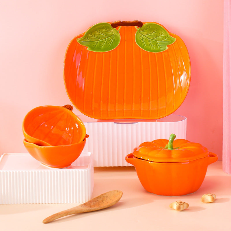 Cute ceramic pumpkin tableware creative household Internet celebrity high value with lid amphora dessert salad dishes plate combination